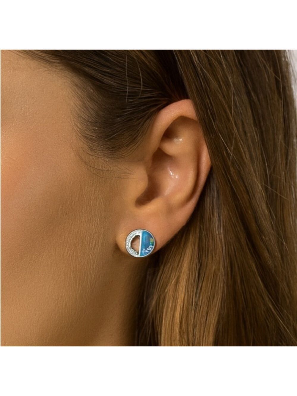 925 Sterling Silver Clear CZ Simulated Blue Opal Stud Earrings